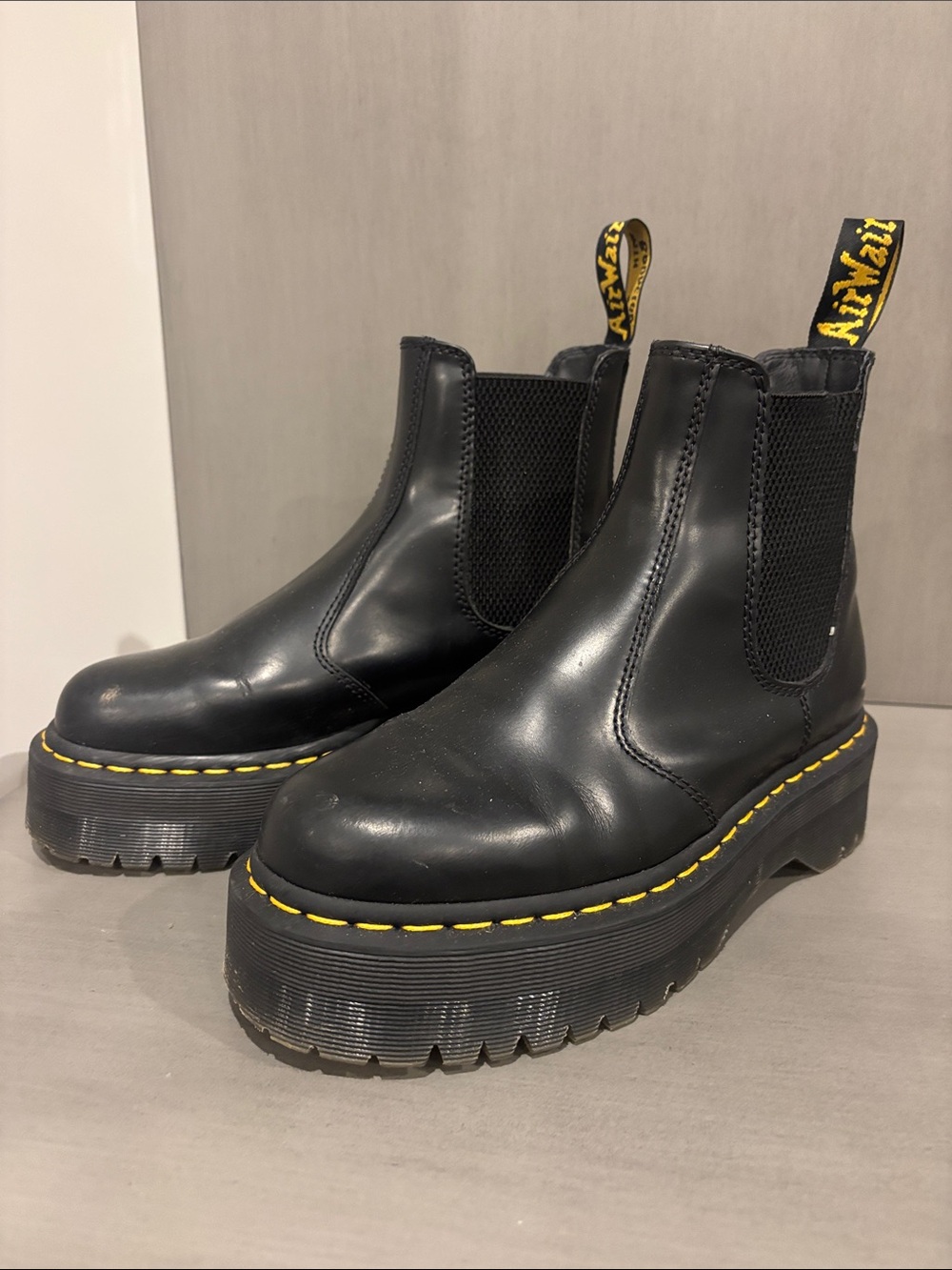 Dr. Martens Black Leather Platform Chelsea Boots with Yellow Stitching